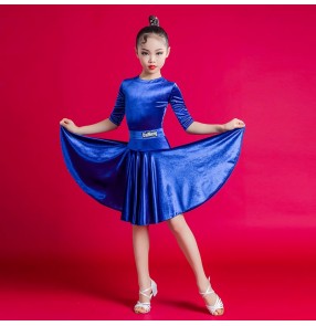 Girls kids orange turquoise blue latin ballroom dance dresses velvet modern salsa rumba chacha stage performance costumes for girls
